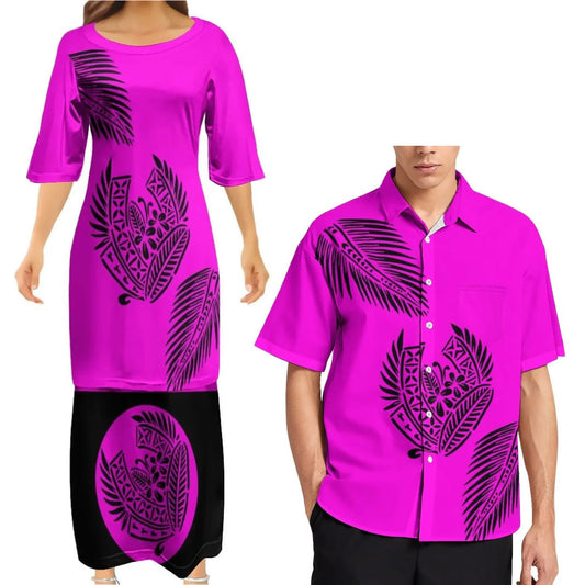 Pink Tropical Polynesian Traditional Tribal Couple Set Puletasi Dress Two-Piece Suit With Men's Shirt Blue Matching Outfit For Couple