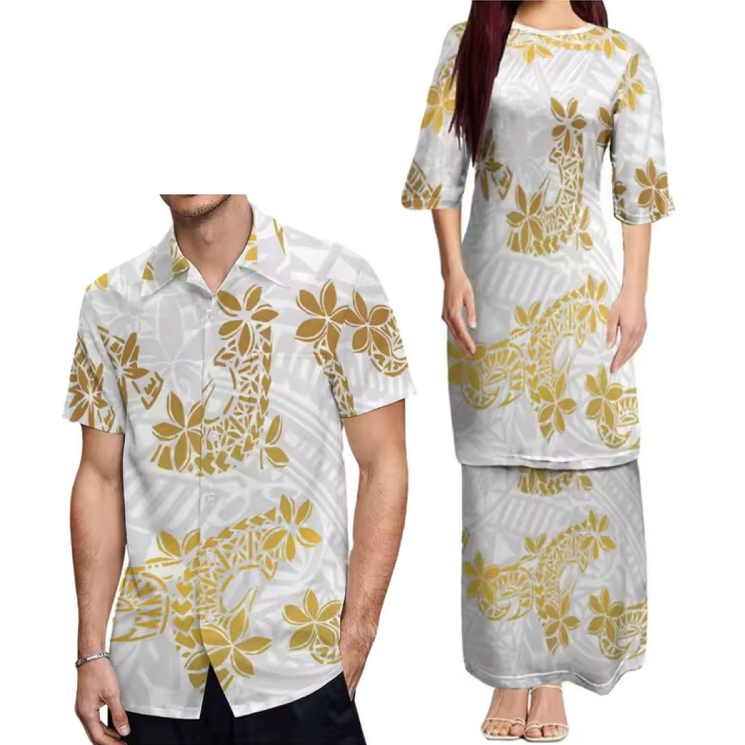 Outfit For Couple Printed Plumeria Polynesian Tribal Print crew neck Women's Dress Men's Hawaiian Shirt Polynesian Matching Outfit