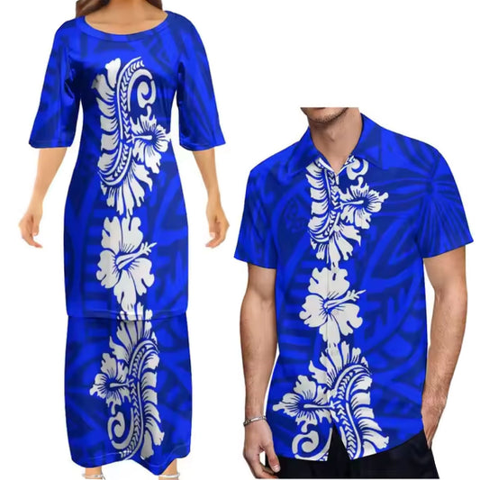 Blue Hibiscus Flowers Polynesian Traditional Tribal Couple Set Puletasi Dress Two-Piece Suit With Men's Shirt Blue Matching Outfit For Couple