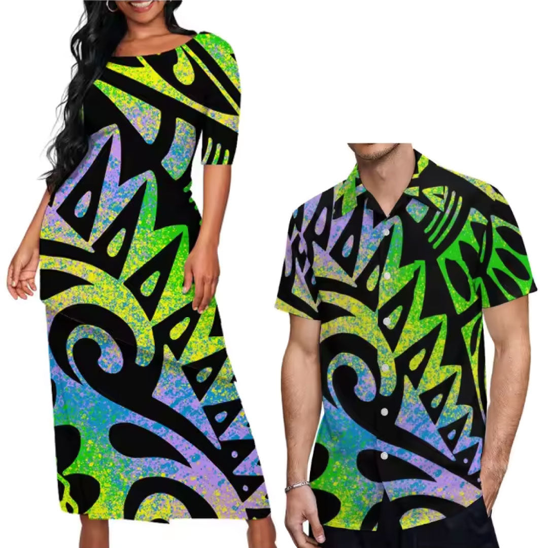 Pacific Island Couple Matching Outfit Polynesian Tribal Tropical Pattern Puletasi Dress Two-Piece Suit With Men's Shirt Couple Set