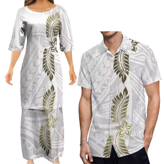 White Polynesian Tribal Printed Leaf Pattern Matching Outfit For Couple Tropical Puletasi Dress Two-Piece Suit With Men's Shirt Couple Set