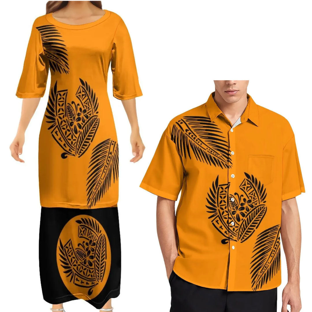 Orange Tropical Polynesian Traditional Tribal Couple Set Puletasi Dress Two-Piece Suit With Men's Shirt Blue Matching Outfit For Couple