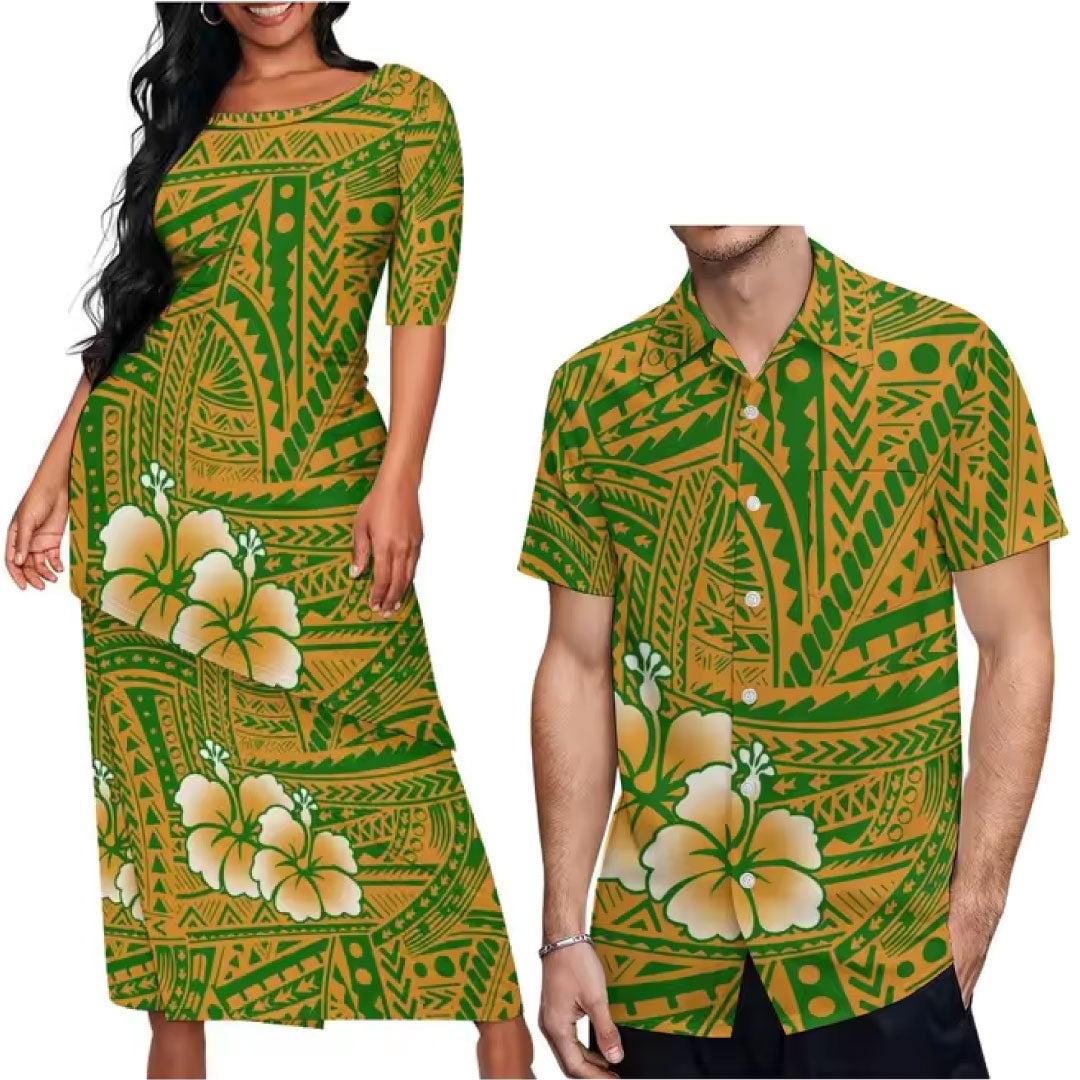 Polynesian Tribal Hibiscus Flowers Pattern Printed Couple Set Puletasi Dress Two-Piece Suit With Men's Shirt Green Matching Outfit For Couple