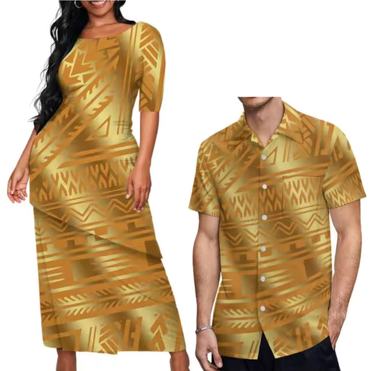 Yellow Pacific Island Couple Matching Outfit Polynesian Tribal Pattern Dress Puletasi Dress Two-Piece Suit With Men's Shirt Couple Set