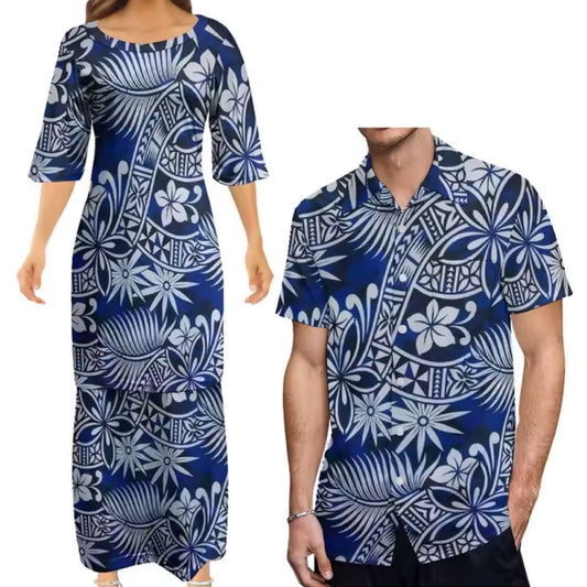 Blue Flowers Polynesian Traditional Tribal Couple Set Puletasi Dress Two-Piece Suit With Men's Shirt Blue Matching Outfit For Couple