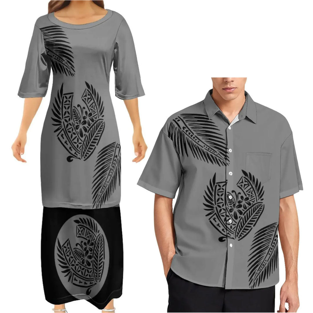 Grey Tropical Polynesian Traditional Tribal Couple Set Puletasi Dress Two-Piece Suit With Men's Shirt Blue Matching Outfit For Couple
