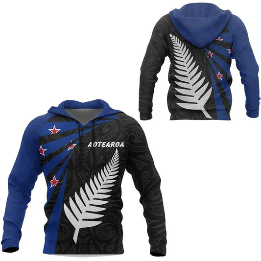 New Zealand Flag Hoodie Silver Fern Pattern Zip Up Hoodie All Over Print