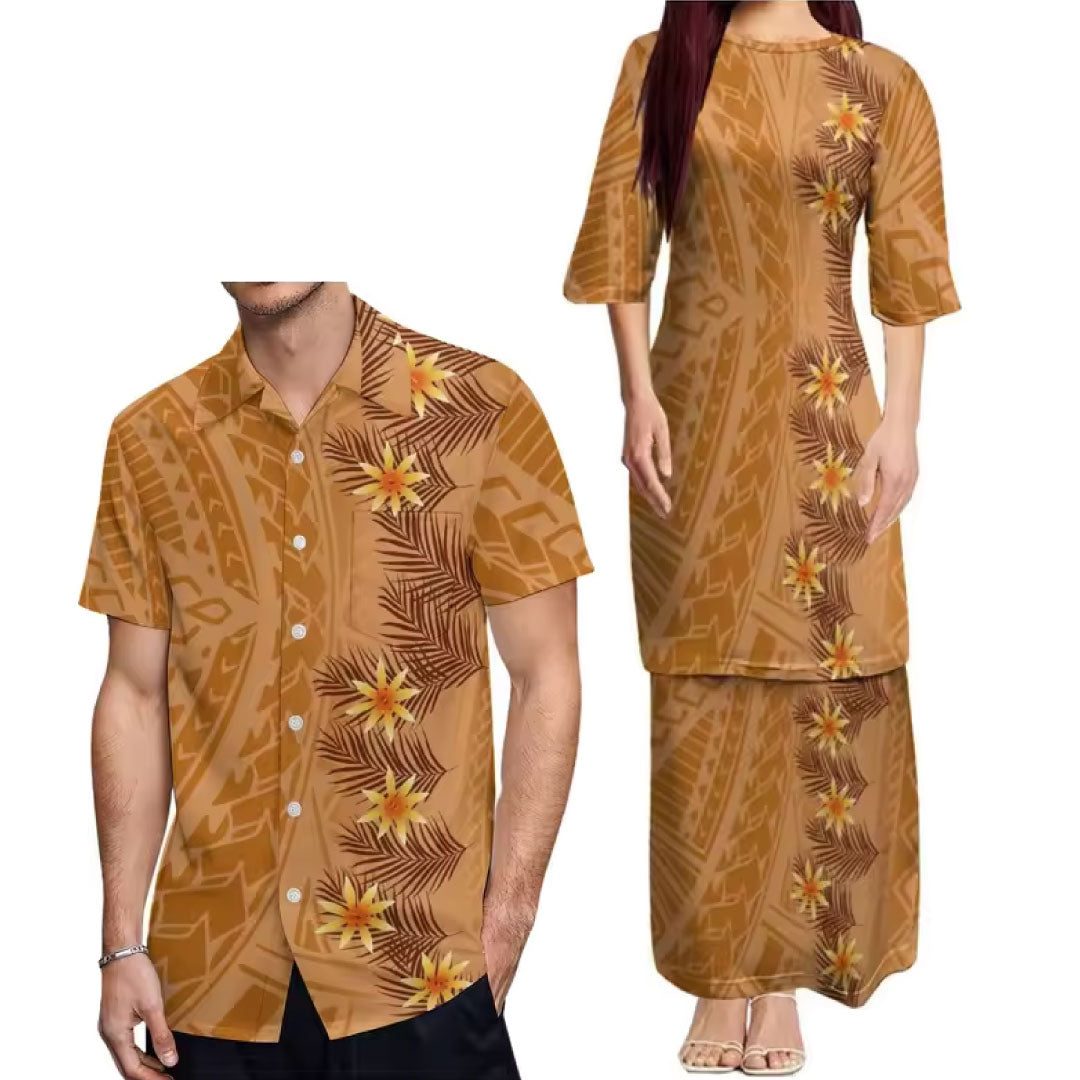 Outfit For Couple Flowers Polynesian Tribal Pattern crew neck Women's Dress Men's Hawaiian Shirt Polynesian Matching Outfit