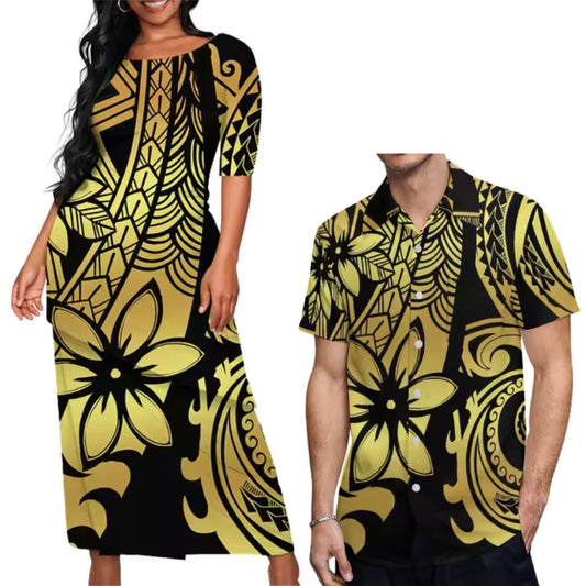 Yellow Flower Pacific Island Couple Matching Outfit Polynesian Tribal Pattern Dress Puletasi Dress Two-Piece Suit With Men's Shirt Couple Set