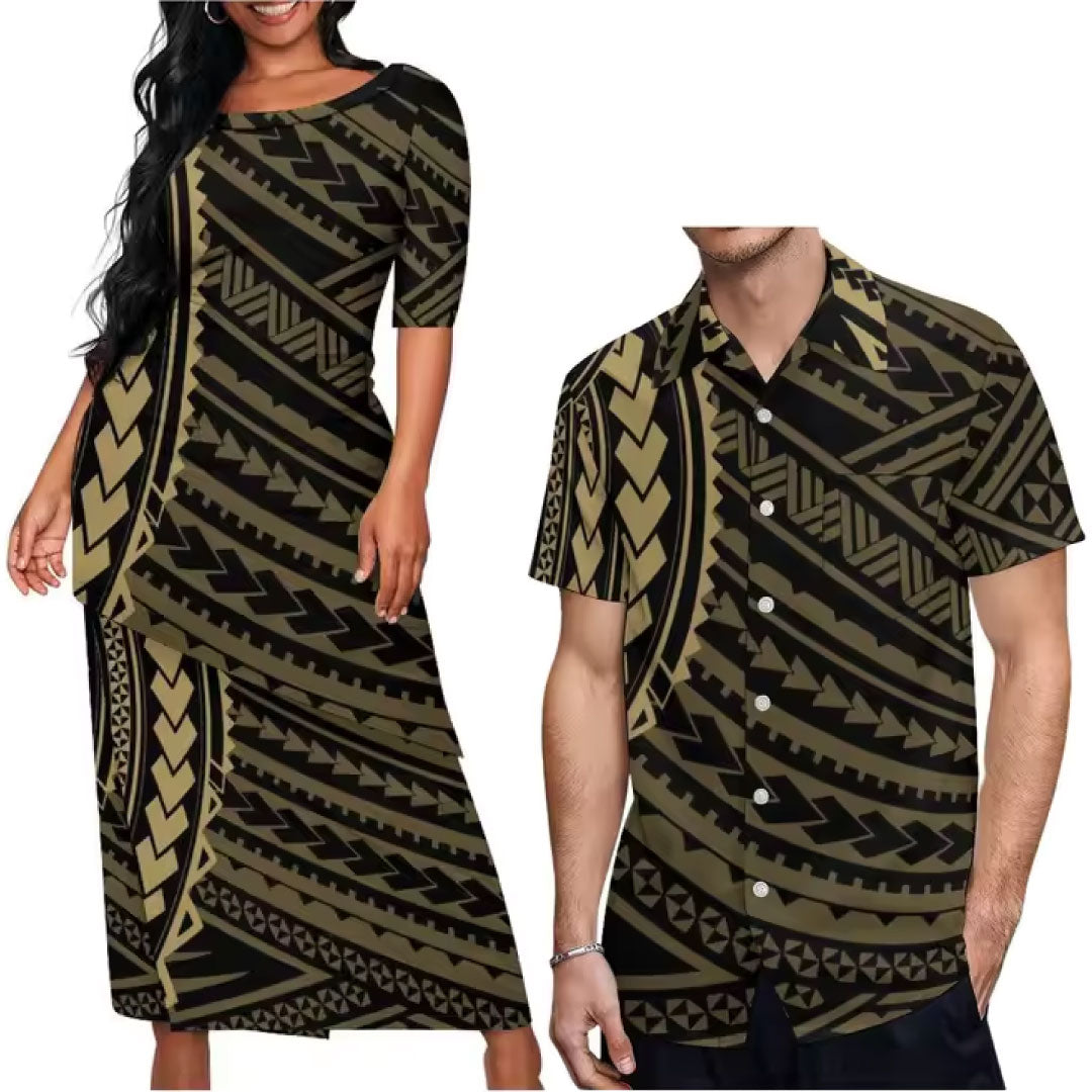 Polynesian Tribal Pattern Printed Couple Set Puletasi Dress Two-Piece Suit With Men's Shirt Matching Outfit For Couple