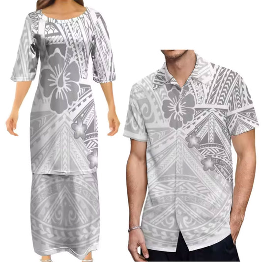 White Polynesian Tribal Print Hibiscus Flower Pattern Matching Outfit For Couple Tropical Puletasi Dress Two-Piece Suit With Men's Shirt Couple Set