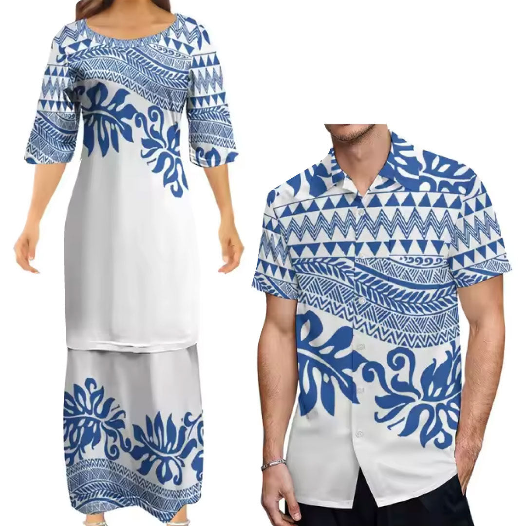 White Blue Flowers Polynesian Traditional Tribal Couple Set Puletasi Dress Two-Piece Suit With Men's Shirt Blue Matching Outfit For Couple