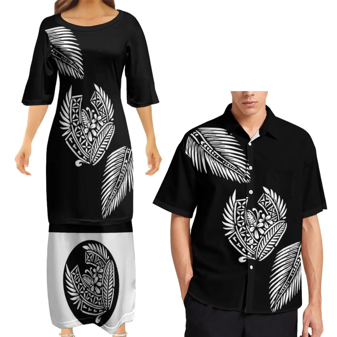 Black Tropical Polynesian Traditional Tribal Couple Set Puletasi Dress Two-Piece Suit With Men's Shirt Blue Matching Outfit For Couple