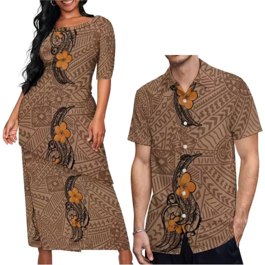 Polynesian Tribal Flowers Pattern Printed Couple Set Puletasi Dress Two-Piece Suit With Men's Shirt Matching Outfit For Couple