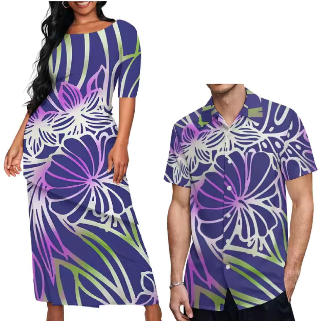 Flower Pacific Island Couple Matching Outfit Polynesian Tribal Pattern Dress Puletasi Dress Two-Piece Suit With Men's Shirt Couple Set