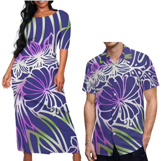 Flower Pacific Island Couple Matching Outfit Polynesian Tribal Pattern Dress Puletasi Dress Two-Piece Suit With Men's Shirt Couple Set