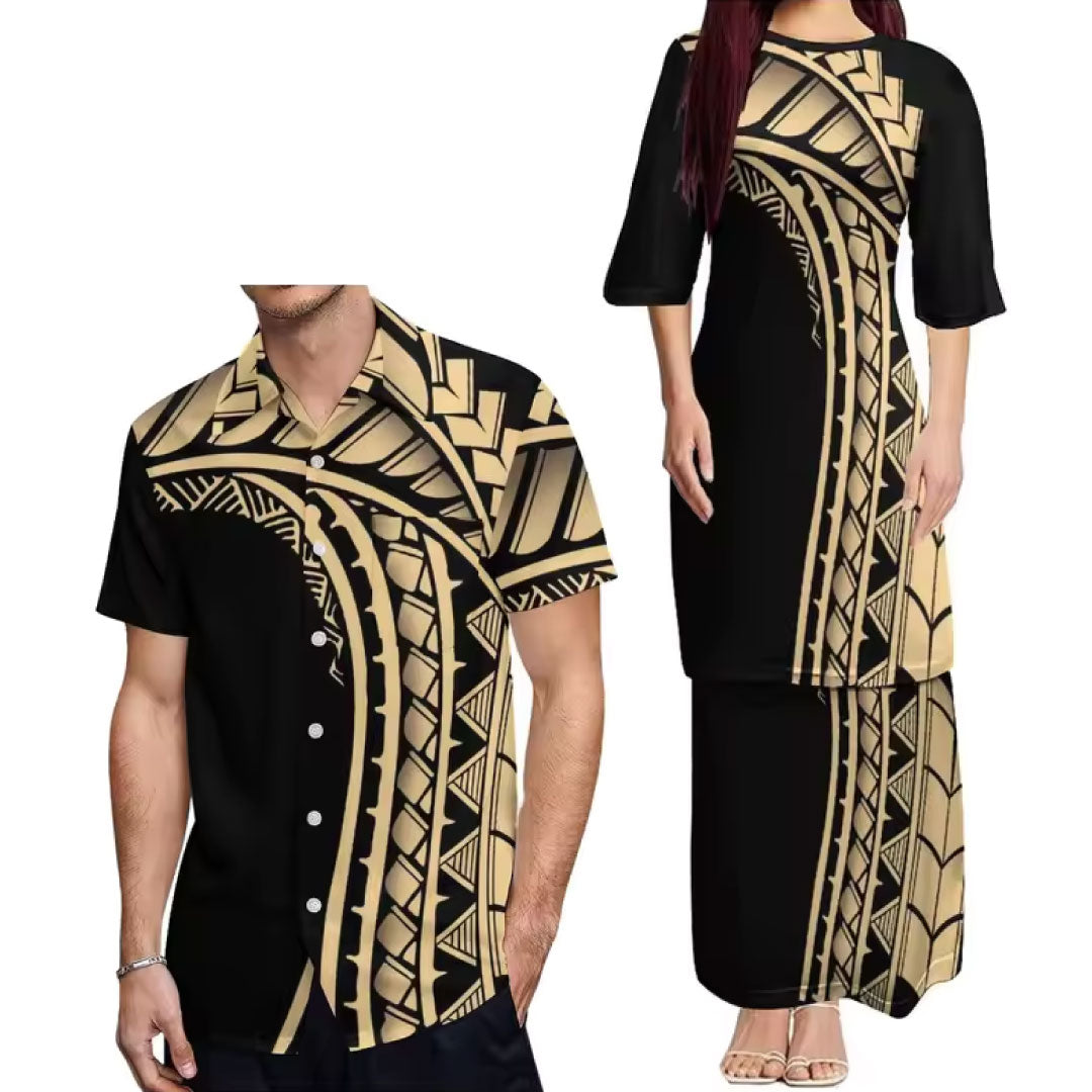 Outfit For Couple Printed Polynesian Tribal Pattern crew neck Women's Dress Men's Hawaiian Shirt Polynesian Matching Outfit