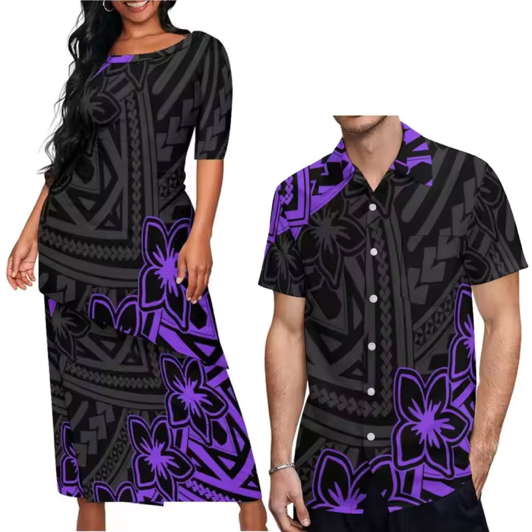 Polynesian Tribal Flowers Pattern Printed Couple Set Puletasi Dress Two-Piece Suit With Men's Shirt Black Matching Outfit For Couple
