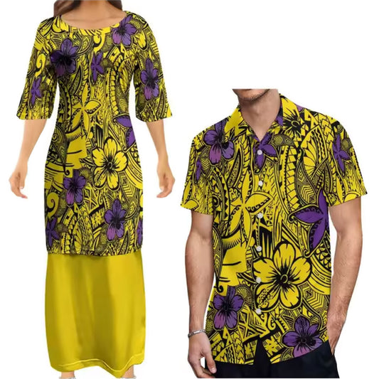 Yellow Polynesian Traditional Tribal Couple Set Puletasi Dress Two-Piece Suit With Men's Shirt Blue Matching Outfit For Couple