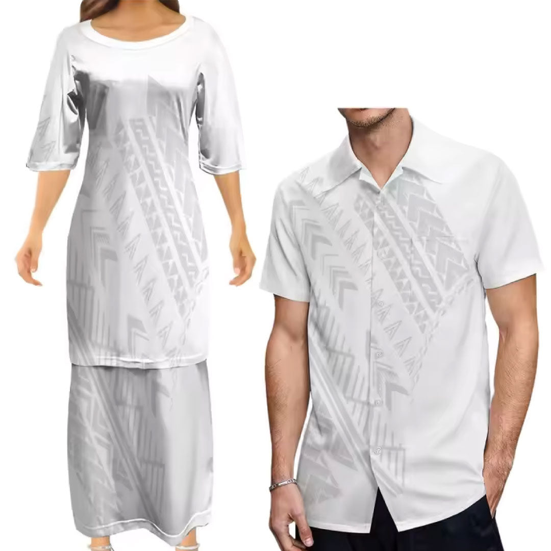 White Polynesian Tribal Print Pattern Matching Outfit For Couple Tropical Puletasi Dress Two-Piece Suit With Men's Shirt Couple Set