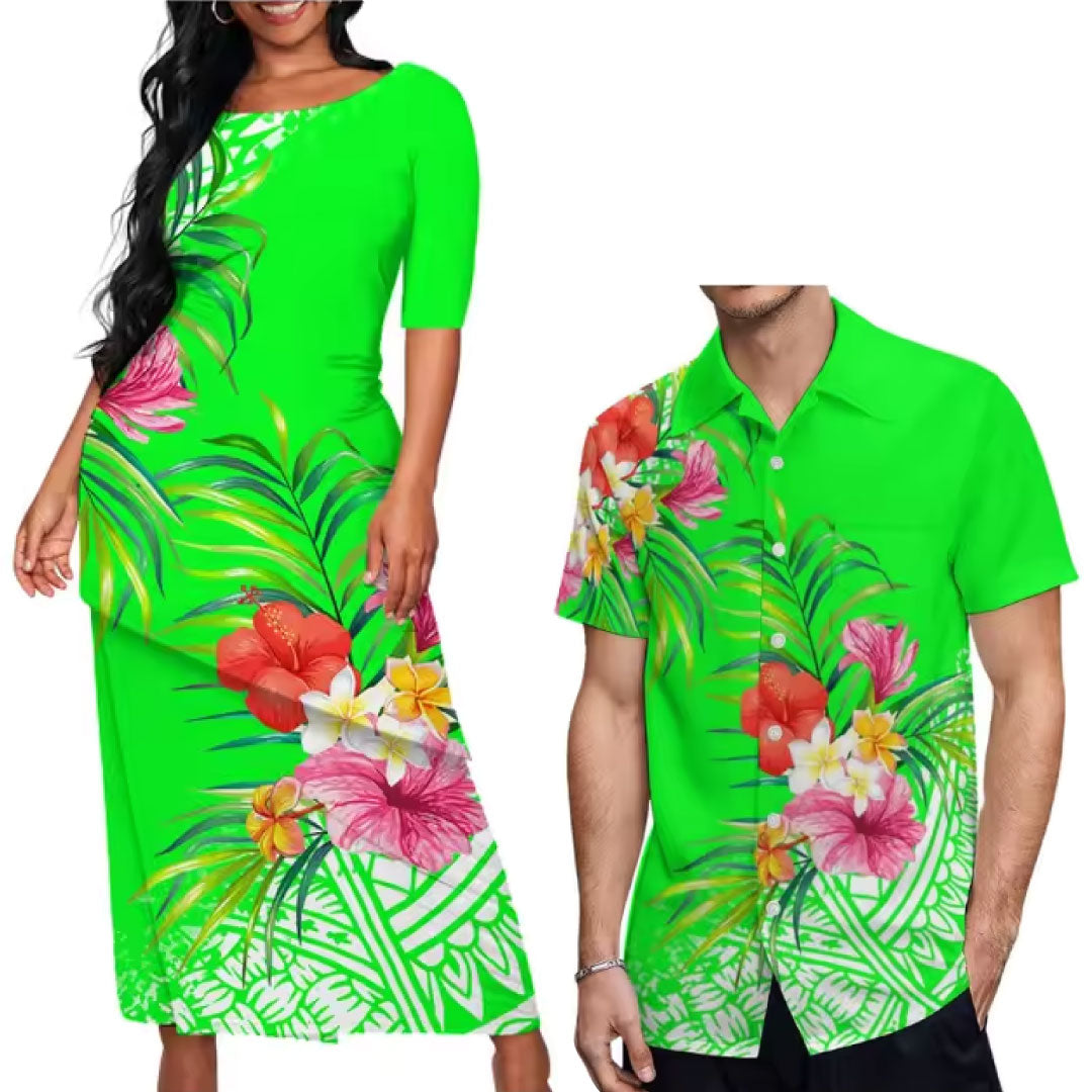 Green Pacific Island Couple Matching Outfit Polynesian Tribal Tropical Pattern Dress Puletasi Dress Two-Piece Suit With Men's Shirt Couple Set