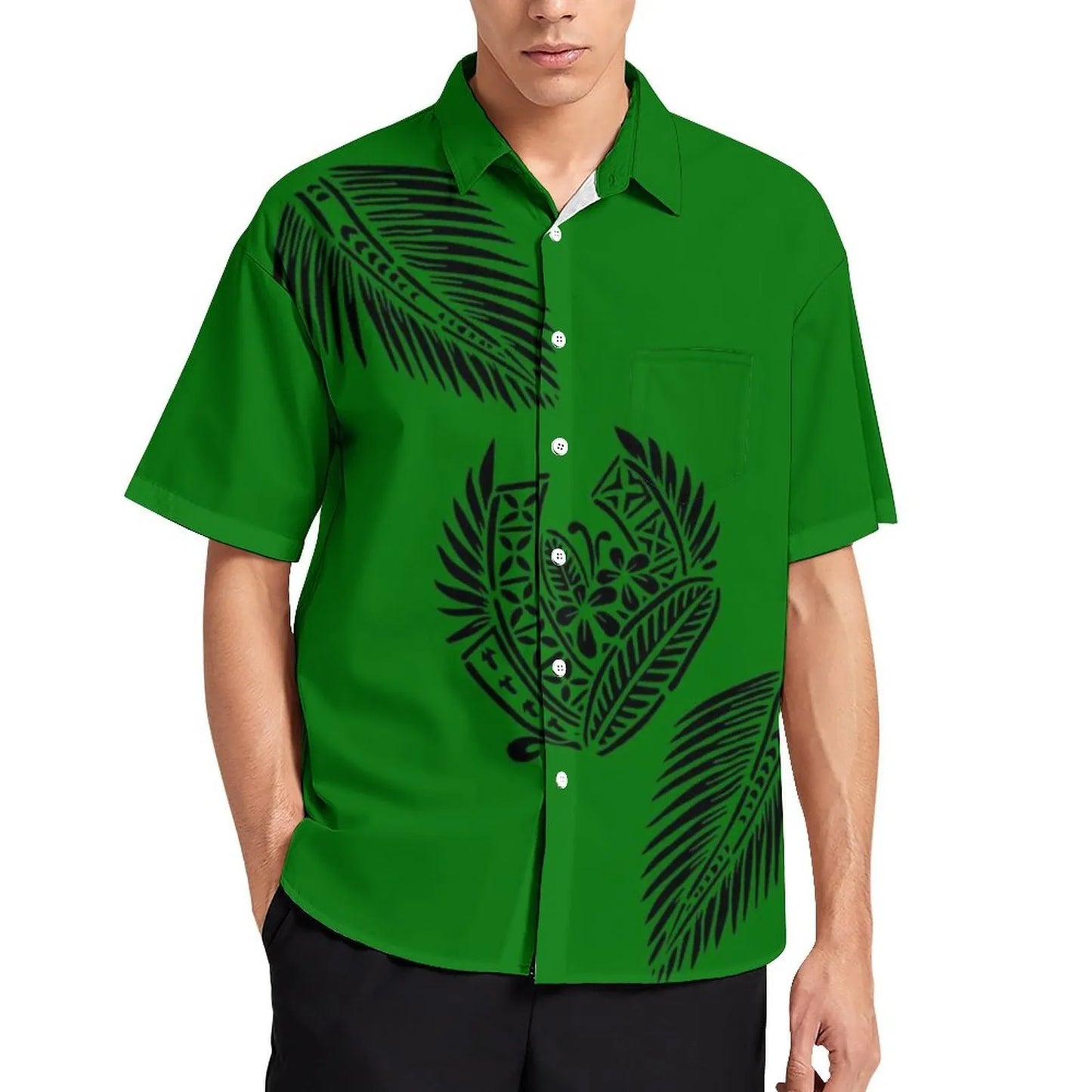 Green Tropical Polynesian Traditional Tribal Couple Set Puletasi Dress Two-Piece Suit With Men's Shirt Blue Matching Outfit For Couple