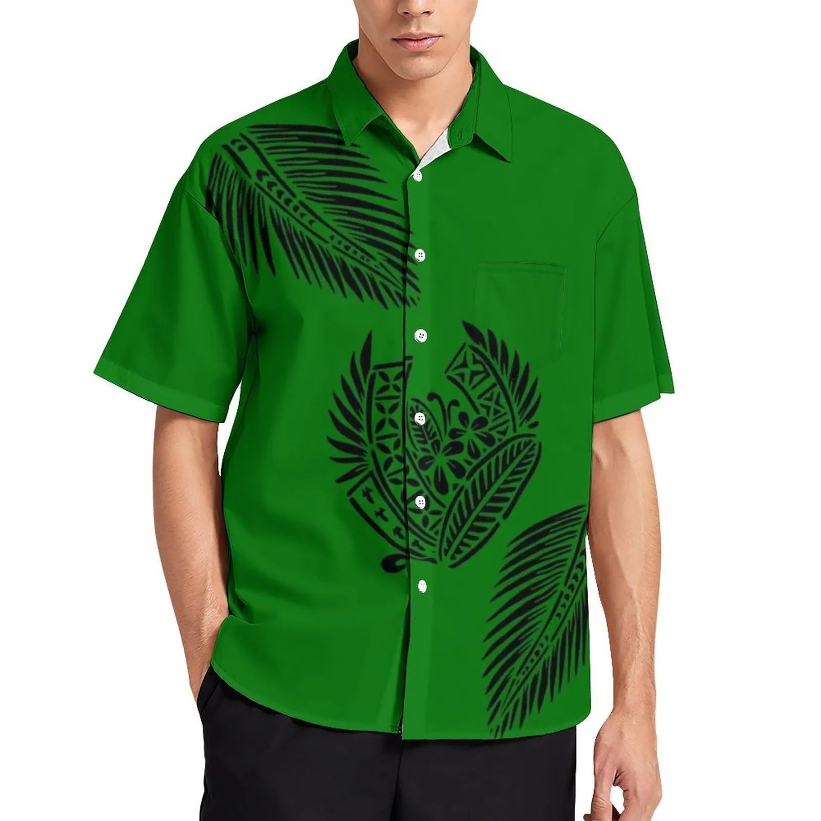 Green Tropical Polynesian Traditional Tribal Couple Set Puletasi Dress Two-Piece Suit With Men's Shirt Blue Matching Outfit For Couple