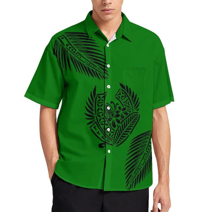 Green Tropical Polynesian Traditional Tribal Couple Set Puletasi Dress Two-Piece Suit With Men's Shirt Blue Matching Outfit For Couple