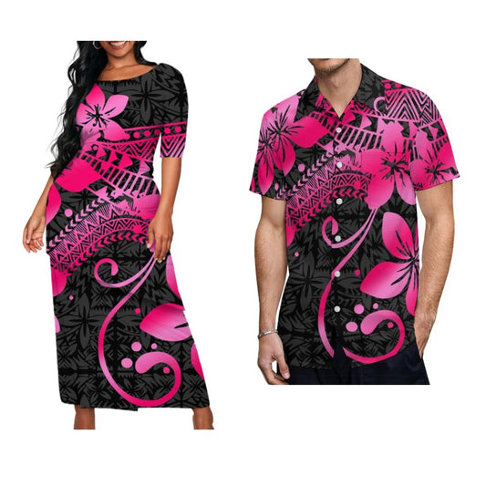 Flowers Polynesian Pattern Matching Outfit For Couple Polynesian Puletasi Dress Two-Piece Suit With Men's Shirt