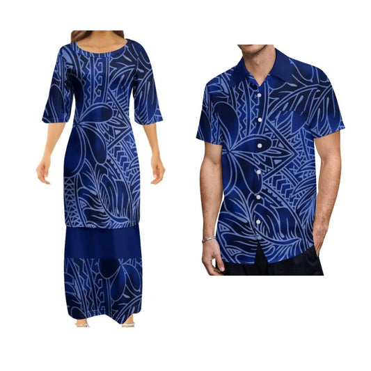 Polynesian Tribal Island Floral Pattern Matching Outfit Couple Set Women's Dress Men's Shirt