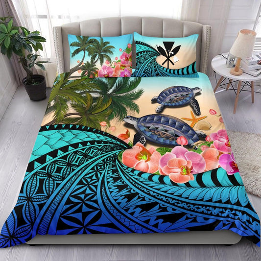 Kanaka Maoli (Hawaiian) Bedding Set Polynesian Turtle Coconut tree And Orchids