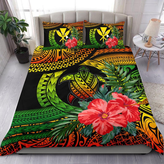 Kanaka Maoli (Hawaiian) Bedding Set Polynesian Turtle Hibiscus Reggae