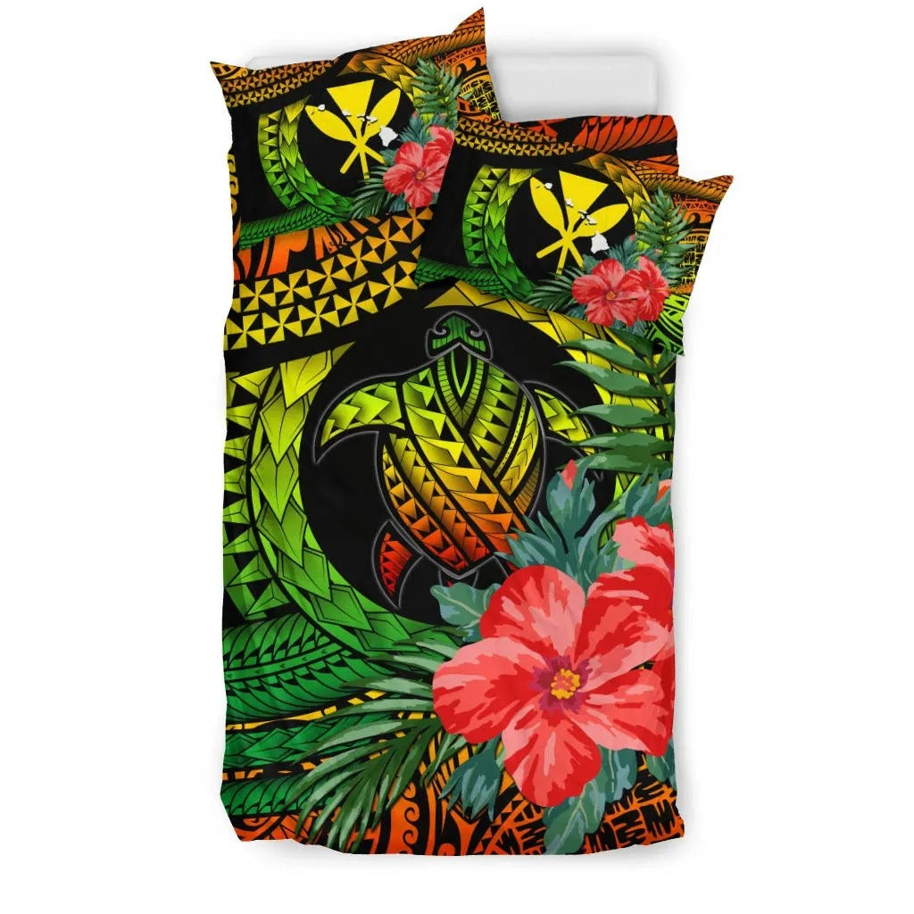 Kanaka Maoli (Hawaiian) Bedding Set Polynesian Turtle Hibiscus Reggae