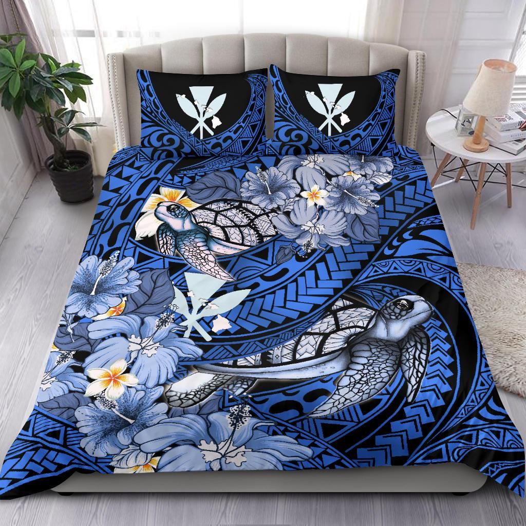Kanaka Maoli (Hawaiian) Bedding Set Waves Polynesian Turtle Hibiscus (Dark Blue)