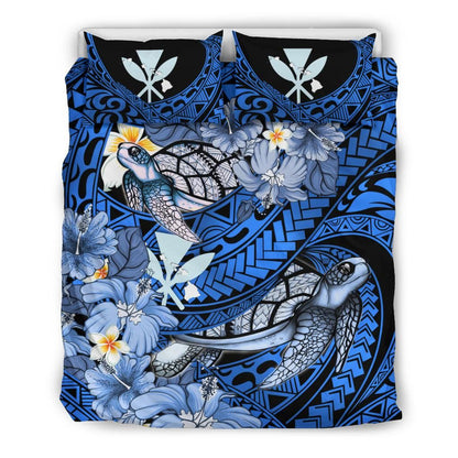 Kanaka Maoli (Hawaiian) Bedding Set Waves Polynesian Turtle Hibiscus (Dark Blue)