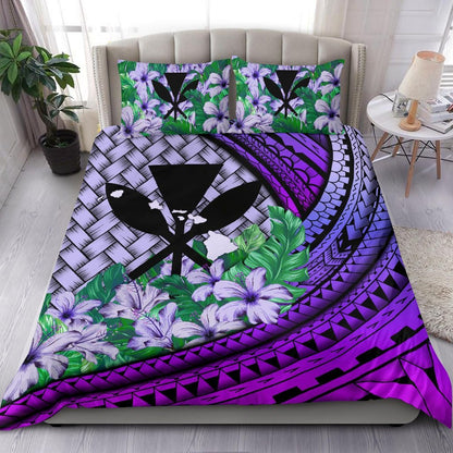 Kanaka Maoli (Hawaiian) Bedding Set Lauhala Polynesian Hibiscus Purple