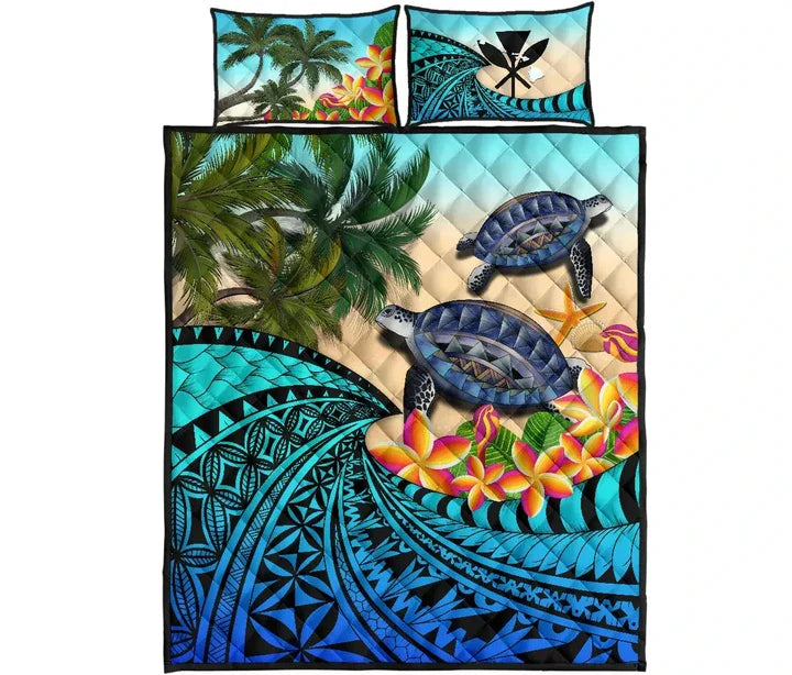 Kanaka Maoli (Hawaiian) Quilt Bed Set Polynesian Turtle Coconut Tree And Plumeria