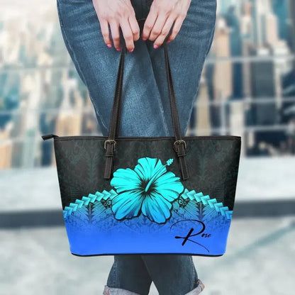 (Custom Personalised) Polynesian Leather Tote Bag Hibiscus Personal Signature Blue
