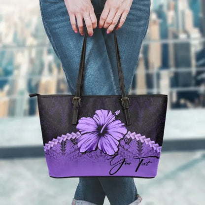 (Custom Personalised) Polynesian Leather Tote Bag Hibiscus Personal Signature Purple