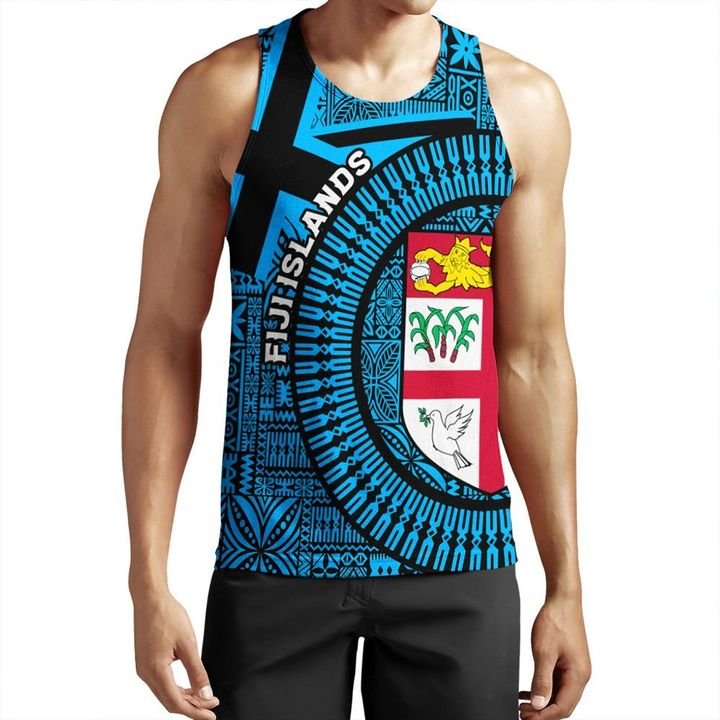 Fiji Islands Men Tank Top Circle Fijian Tapa Blue