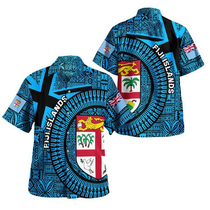 Fiji Islands Hawaiian Shirt Circle - Fijian Tapa Blue