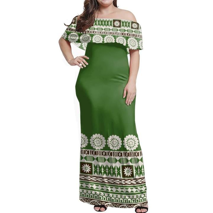 Fiji Bula Dress Tapa Green Off Shoulder Long Dress