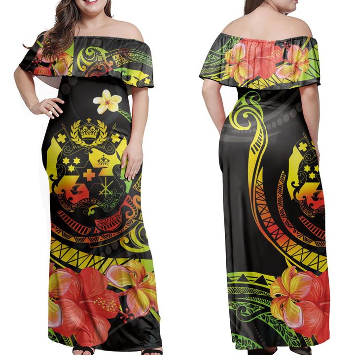 Tropical Flowers Tonga Coat Of Arms Polynesia Off Shoulder Long Dress