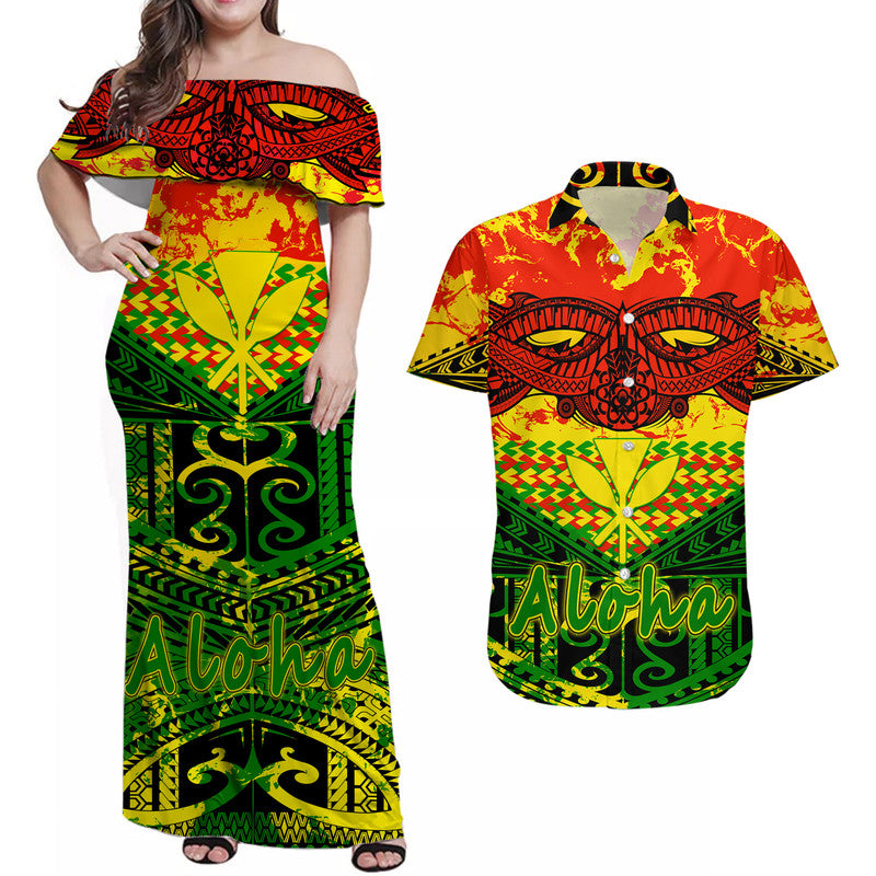Matching Outfits For Couples Hawaiian Tribal Kanaka Maoli Combo Dress and Hawaiian Shirt Reggae Polynesian Version