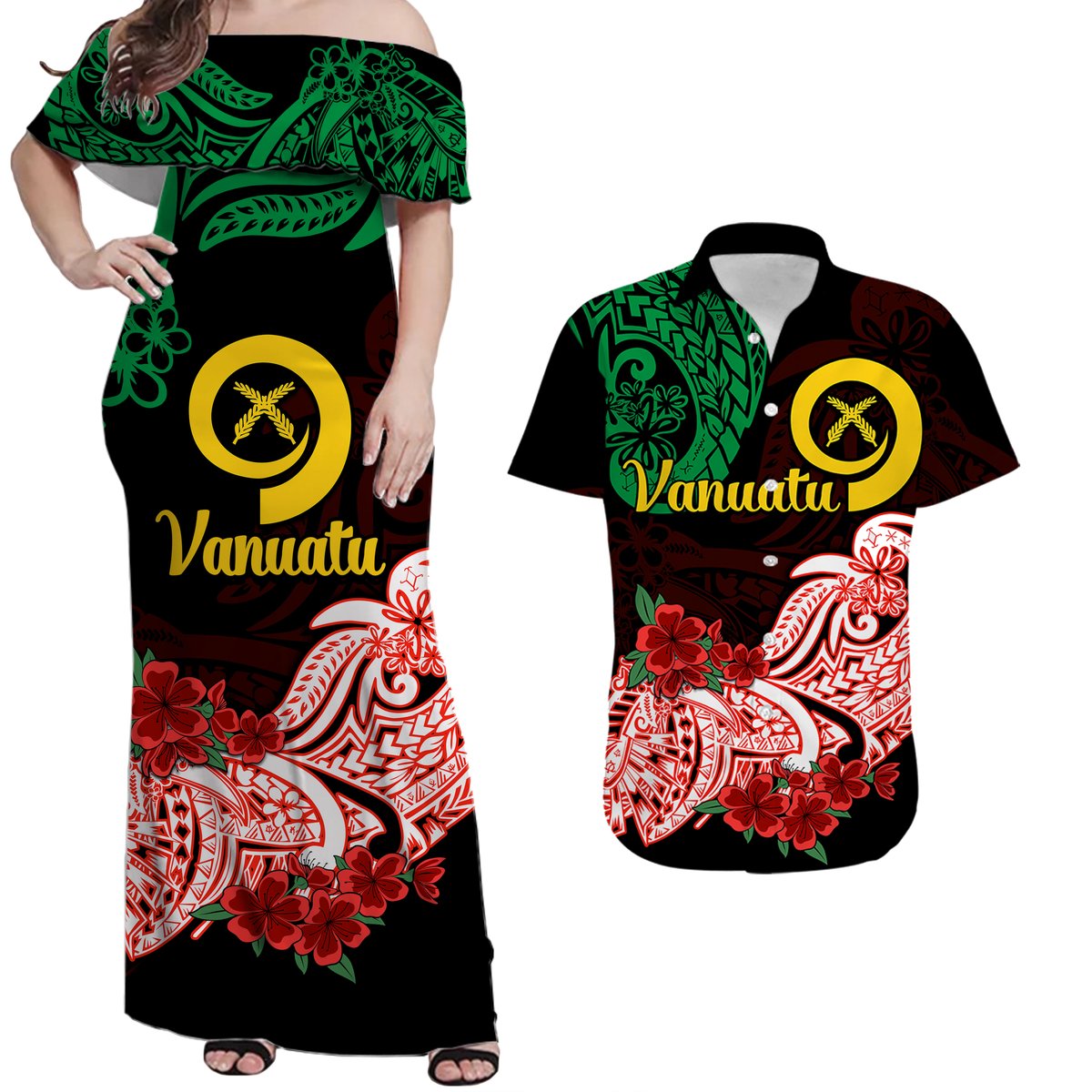 Matching Outfits For Couples Vanuatu Couple Women Off Shoulder Long Dress and Hawaiian Shirt Polynesian Floral Tribal