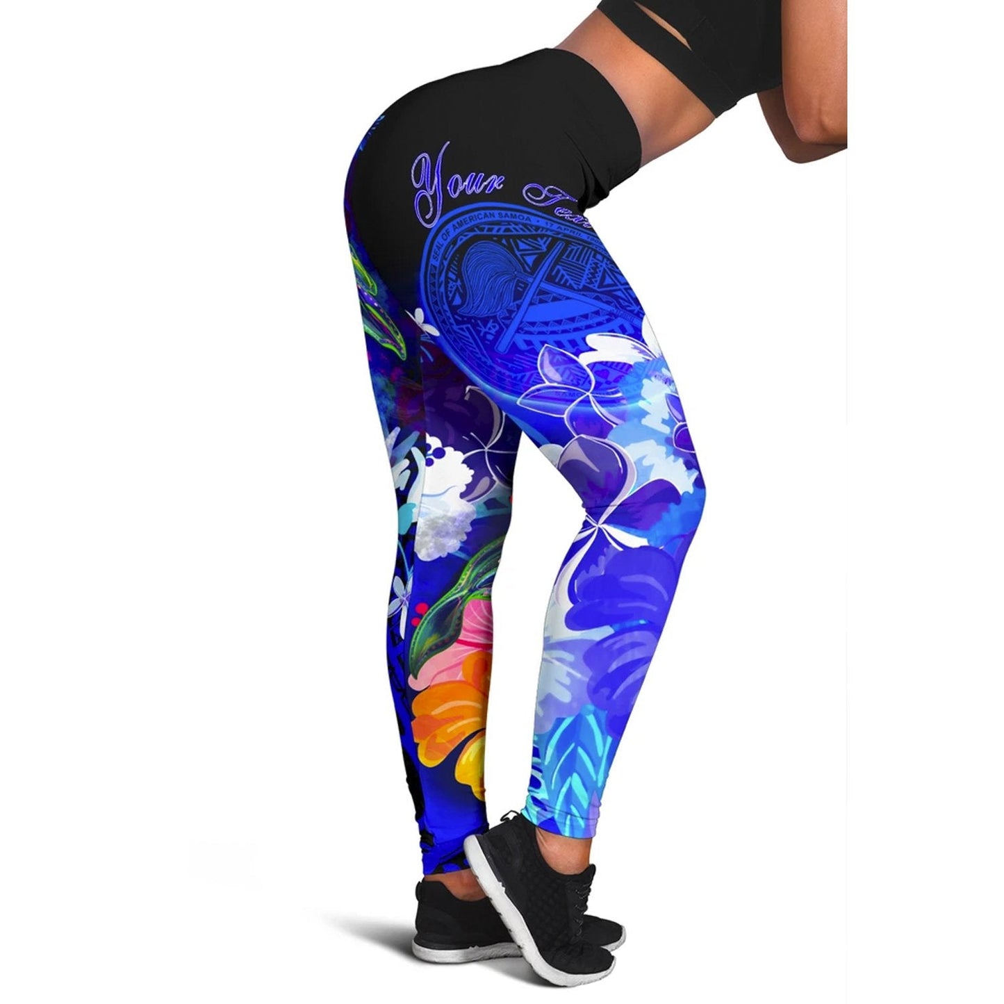 American Samoa Polynesian Custom Personalised Leggings - Humpback Whale with Tropical Flowers Blue