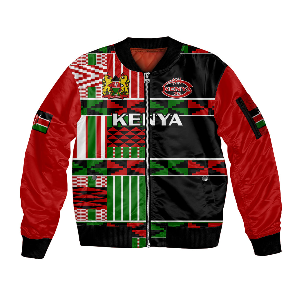 (Custom Text And Number) Kenya Rugby Sevens Kenyan Pattern Version Sleeve Zip Bomber Jacket