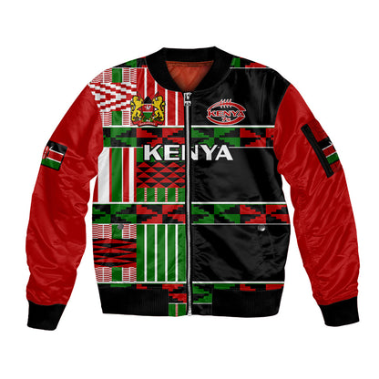 (Custom Text And Number) Kenya Rugby Sevens Kenyan Pattern Version Sleeve Zip Bomber Jacket