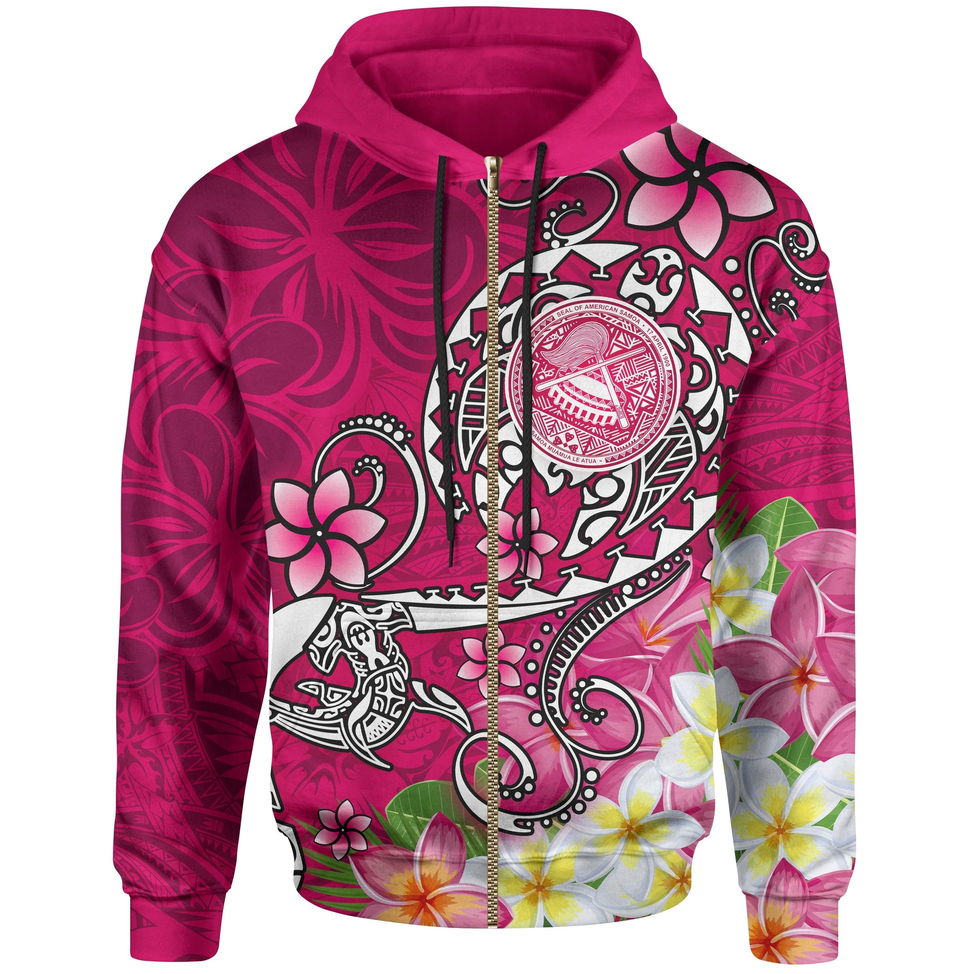 American Samoa Polynesian Zip up Hoodie Turtle Plumeria Pink