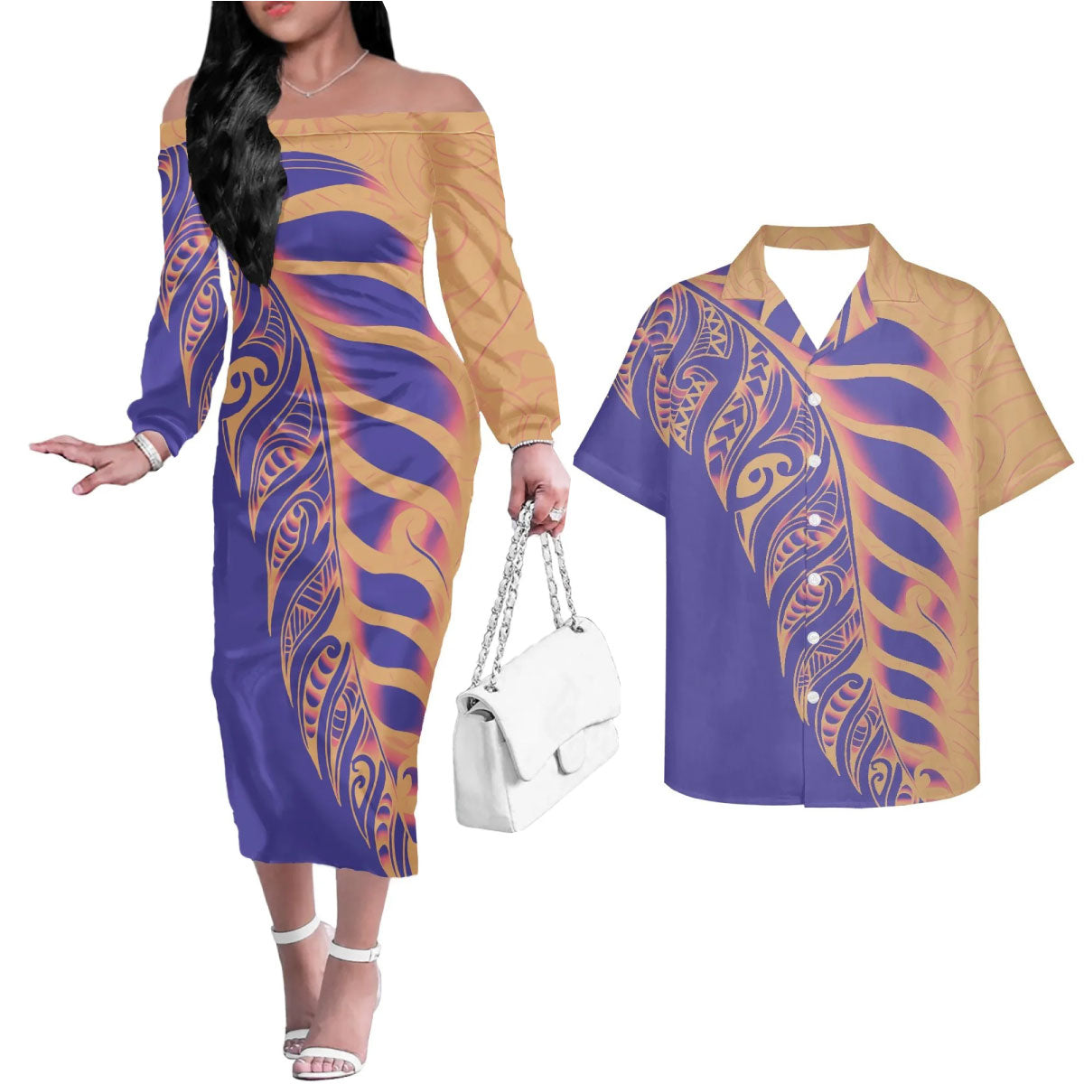 Polynesian Tribal Tattoo Pattern Matching Outfit For Couple Printed Polynesian Off Shoulder Long Sleeved Dress And Hawaiian Shirt